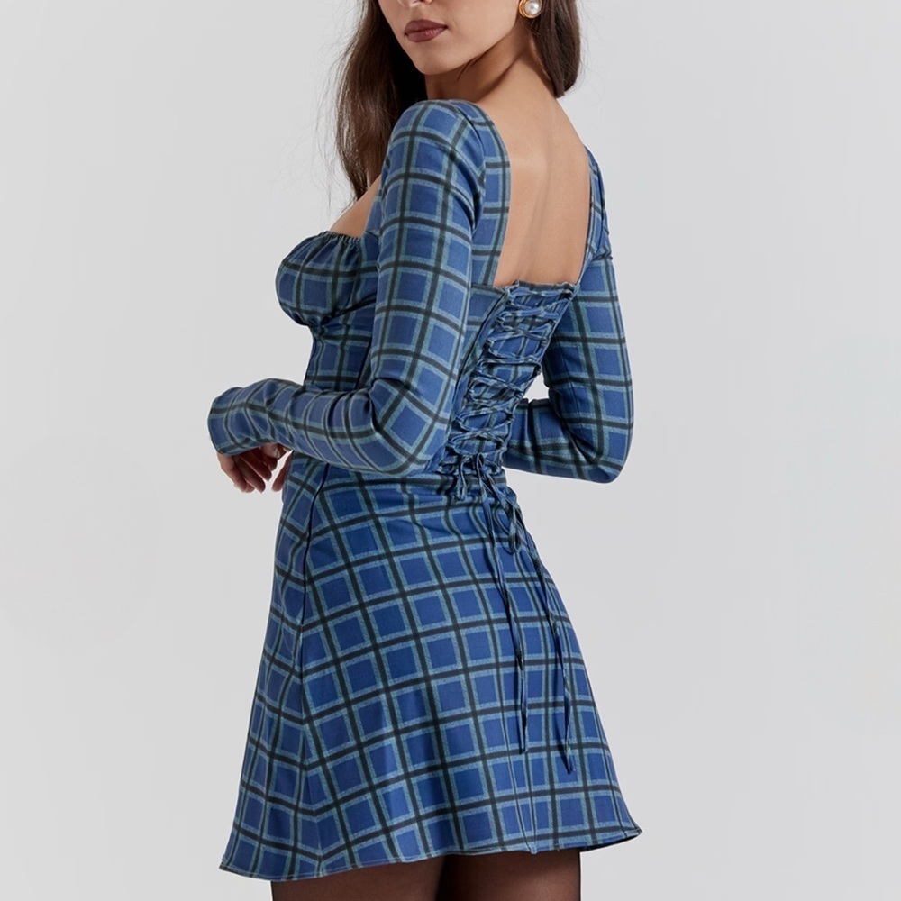 MALIKA BLUE TARTAN CORSET MINI DRESS - Picture 4 of 11